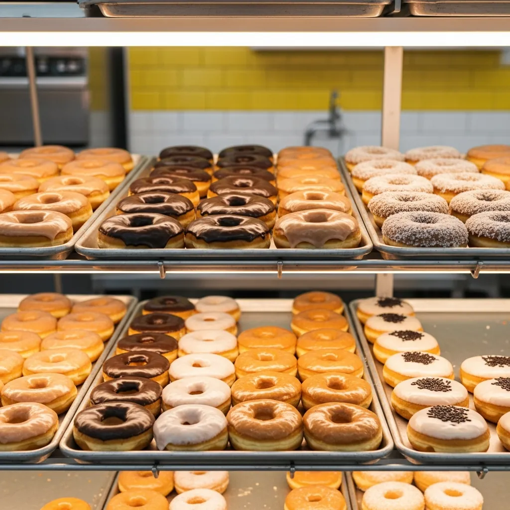 Trays of glazed, chocolate-frosted, powdered, and white-frosted donuts in the Atlanta Donuts display case.