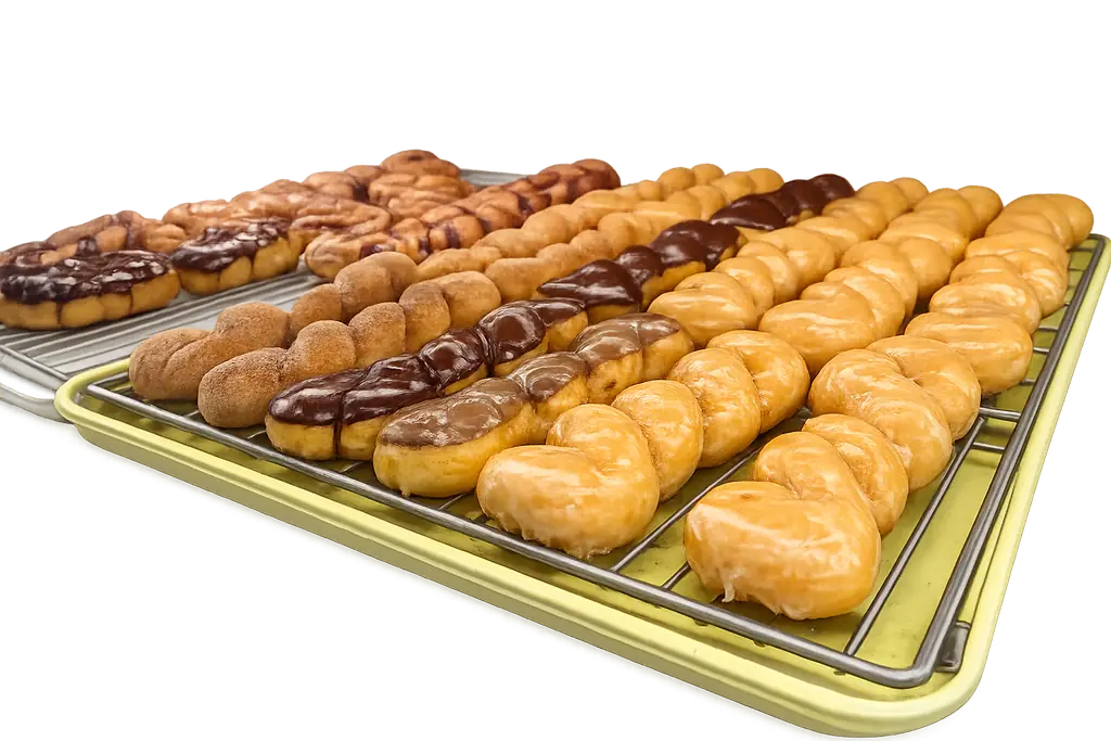 Glazed twists, chocolate-frosted pastries, and round yeast donuts on a gold tray at Atlanta Donuts.