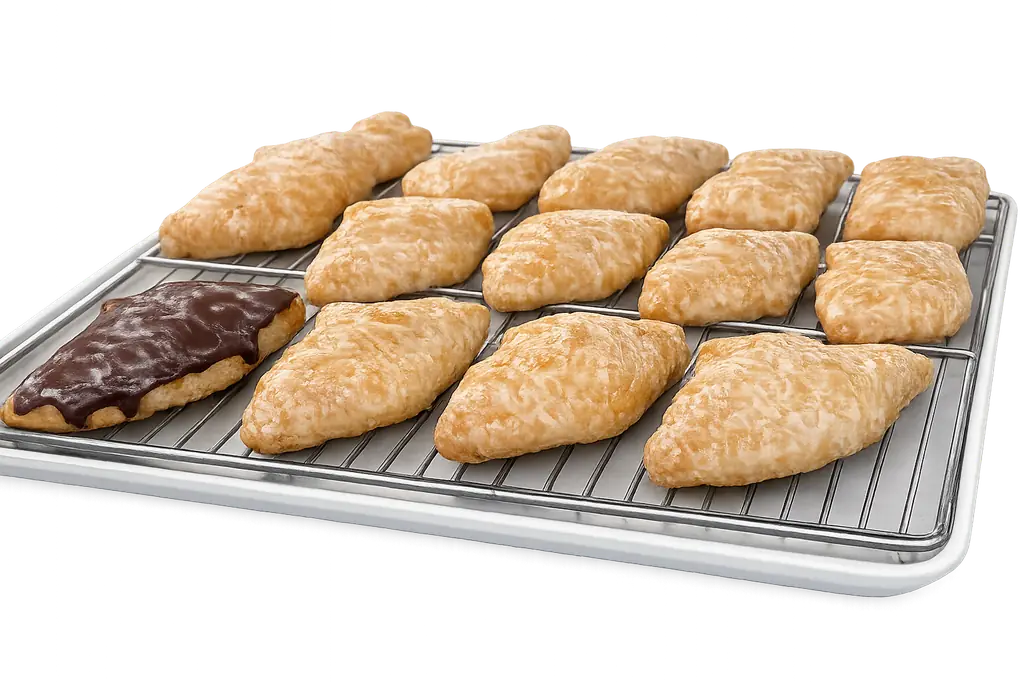 Sugar-dusted rectangular filled pastries arranged on a wire rack at Atlanta Donuts.